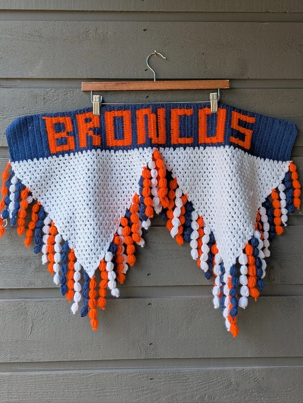 Handmade NFL Denver Broncos Knit Fringe Banner Blue Orange White